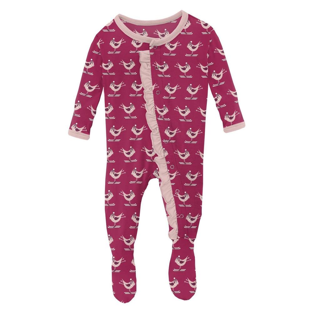 NEW KICKEE kids' ruffle footie with snaps in berry ski birds